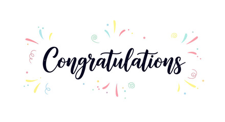 Festive Congratulations Text with Colorful Confetti and Swirls on Isolated White Background