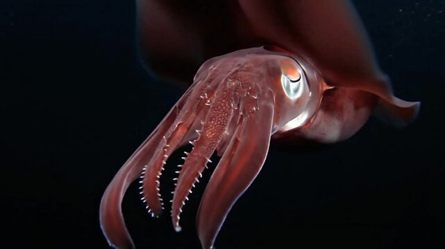 Mysterious deep sea vampire squid glows with haunting red eyes while hovering suspended in the dark abyssal ocean depths