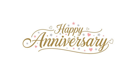 Happy Anniversary elegant golden script text with subtle stars and hearts, ideal for celebrating luxurious and romantic milestones on an isolated white background.