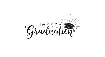 Happy Graduation minimalist script text with a subtle academic cap and stars, ideal for celebrating educational milestones on an isolated white background.