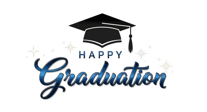 Happy Graduation elegant script text with a black academic cap and stars, celebrating educational achievement on an isolated white background. - Powered by Adobe