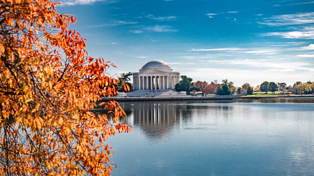 Travel and everyday life scene at Tidal Basin during fall season in Washington DC
