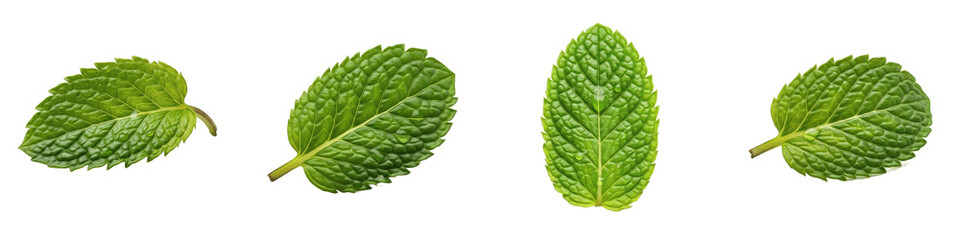 Realistic Fresh Green Mint Leaves Set Isolated on White Background Organic Herbal Ingredient for Cooking Tea Mocktail Mentha Foliage Collection PNG Transparent © Usman