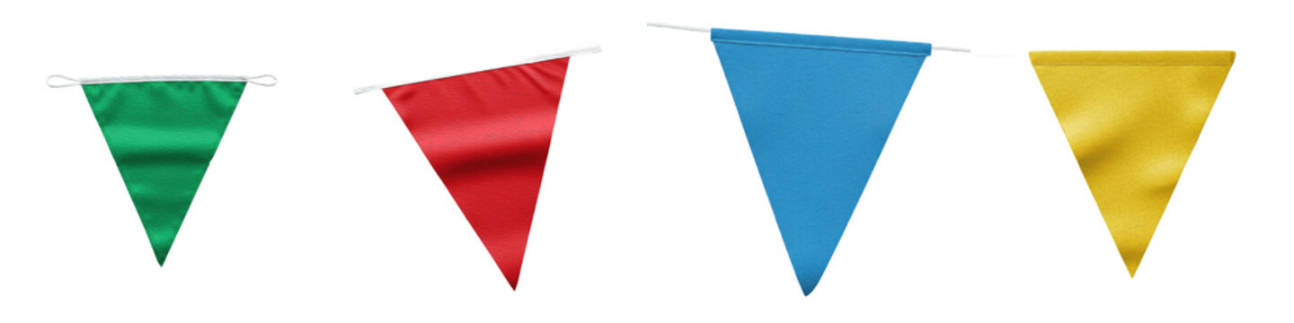 Realistic Colorful Bunting Flag Banners Set Isolated on White Background Glossy Green Red Blue Yellow Triangle Pennants for Party Decoration PNG Transparent