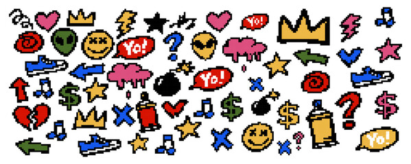 Fototapeta premium Set of colorful pixel art graffiti stickers featuring hearts, crowns, stars, and urban icons in a retro 8-bit style on a white background.