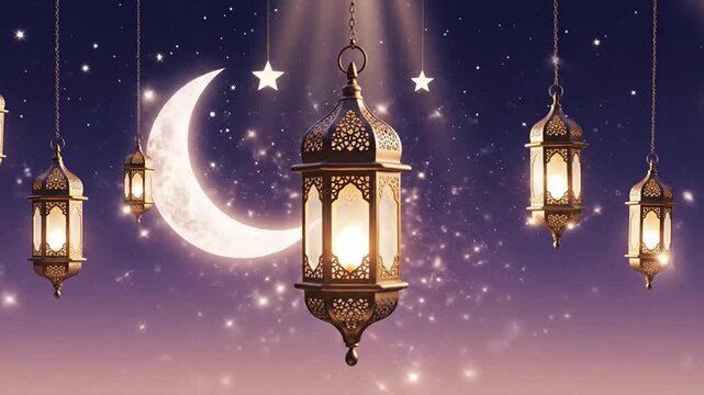 Decorative lanterns with crescent moon and stars against evening sky