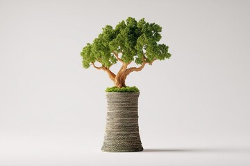 Decorative tree growing from a textured cylindrical base.