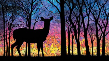 Silhouette of a deer standing within a forest against a vibrant, multicolored stained glass backdrop