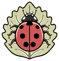 Obraz premium Stylized ladybug with seven spots on a patterned leaf illustration