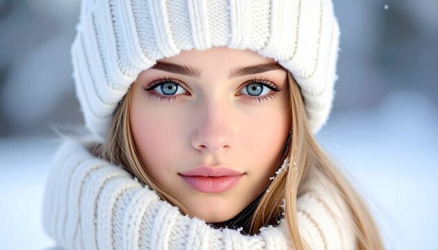 close up of beautiful young woman in winter clothes