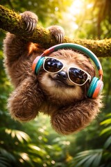 Fototapeta premium Adorable happy sloth wearing trendy sunglasses and colorful headphones hanging from a mossy jungle branch
