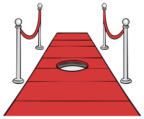 Red carpet with stanchions and a hole