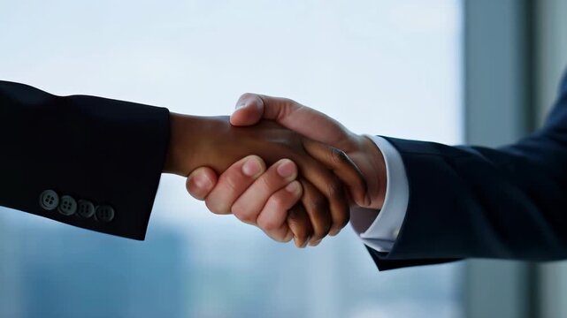 Two diverse business people shaking hands, symbolizing trust, partnership, and successful agreement after a meeting, establishing a solid foundation for future cooperation