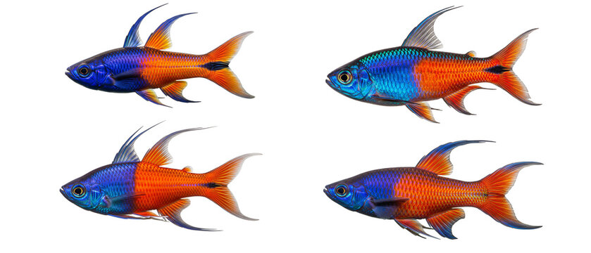 A set of four Flameback Bleeding Heart Tetra fish Hyphessobrycon pyrrhonotus isolated on a white background.
