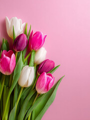 Fototapeta premium Spring Tulip Bouquet on Pink Background, Floral Greeting Card