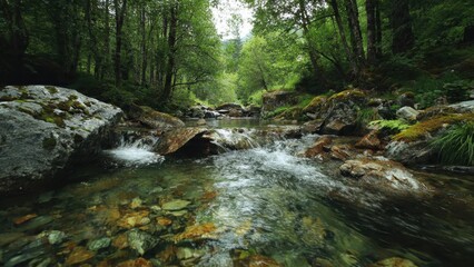 Obraz premium Clear Stream Flowing Through a Lush Forest