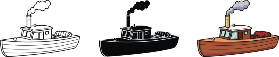 Collection of small steamship illustrations: outline, silhouette, and colorful cartoon design isolated on white background, Vector