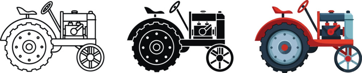 Three distinct styles of a vintage farm tractor icon, including outline, solid black, and colorful illustration isolated on white background, Vector