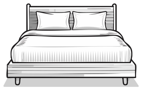 Simple illustration of a bed with white linens and two pillows against a striped headboard