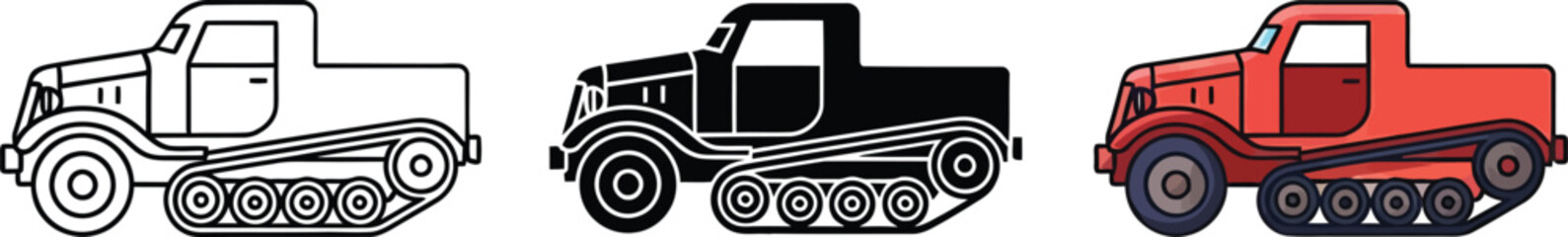 Classic halftrack vehicle military transport truck icon set in outline, solid, and color styles isolated on white background, Vector