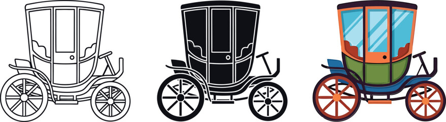 Vintage carriage illustration set with outline, solid black, and vibrant colored designs isolated on white background, Vector