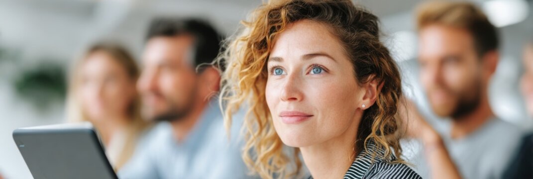 Female participant with curly hair attentively listens during a meeting, holding a tablet, with blurred colleagues visible in the background