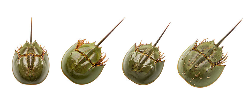 A set of four horseshoe crabs shown from various angles on a white background.