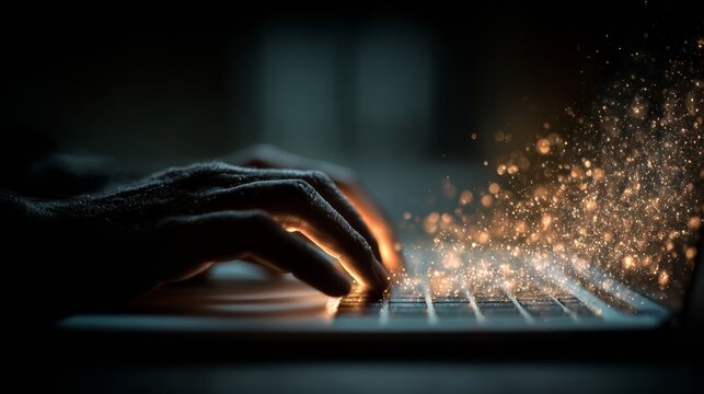 Close-up of a hand typing on a laptop keyboard with glowing keys and sparkling particles emerging from the device in a dark, atmospheric environment