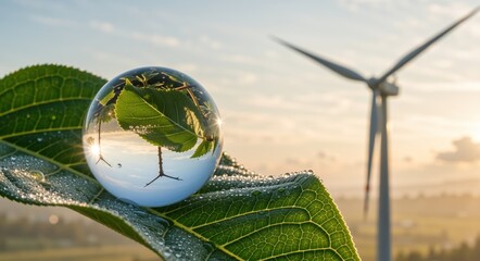 Crystal ball on green leaf reflecting wind turbine in nature. Renewable energy and sustainability concept at sunset