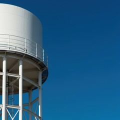 Bright white elevated water tank structure against a deep, clear blue sky, symbolizing municipal services and community life, contrast, community, architecture