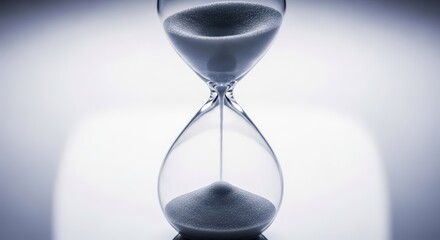 Close up of an hourglass measuring a critical moment, sand rapidly flowing to the bottom, symbolizing urgent deadline pressure, important, sand timer, granular