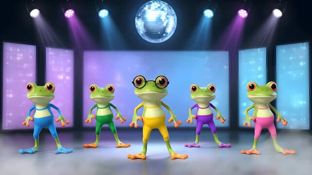 A group of frogs dance in a colorful cartoon stage with disco lights. Illustration, animals, music, fun, colorful