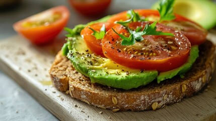 Open-faced avocado and tomato toast with herbs and black pepper on whole grain bread