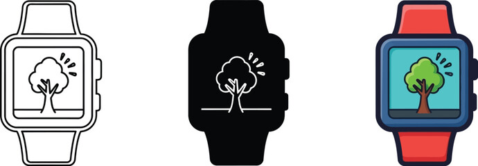 Smartwatch icon displaying a vibrant tree and sun, symbolizing nature and technology integration isolated on white background, Vector