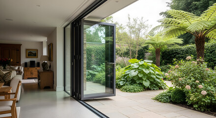 Obraz premium Modern house with sliding glass door to lush garden.