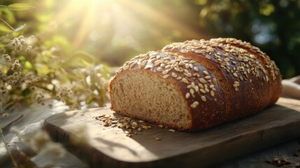 Freshly baked bread with sesame seeds on a wooden cutting board in sunlight