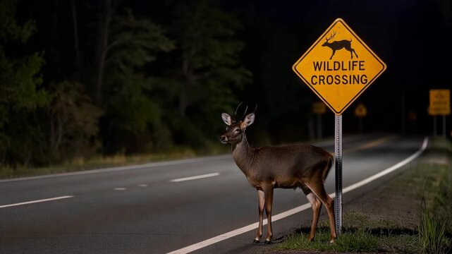 Deer standing beside wildlife crossing road sign on empty forest road at night