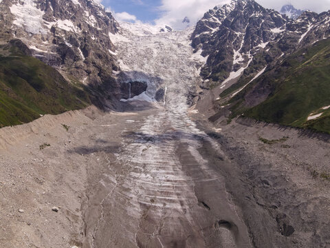 Aerial glacier and moraine basin near Ushba in Svaneti, Georgia