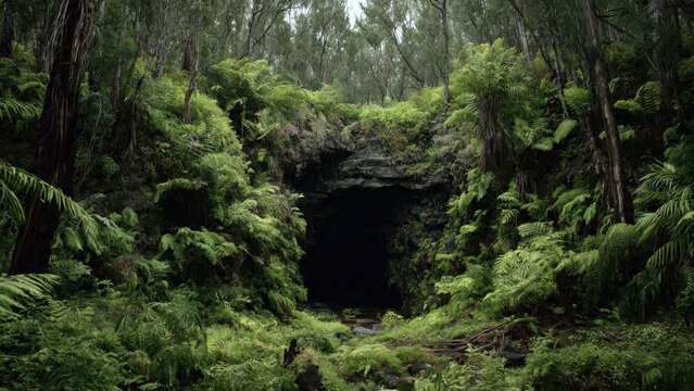 Lush green forest surrounding a dark cave entrance