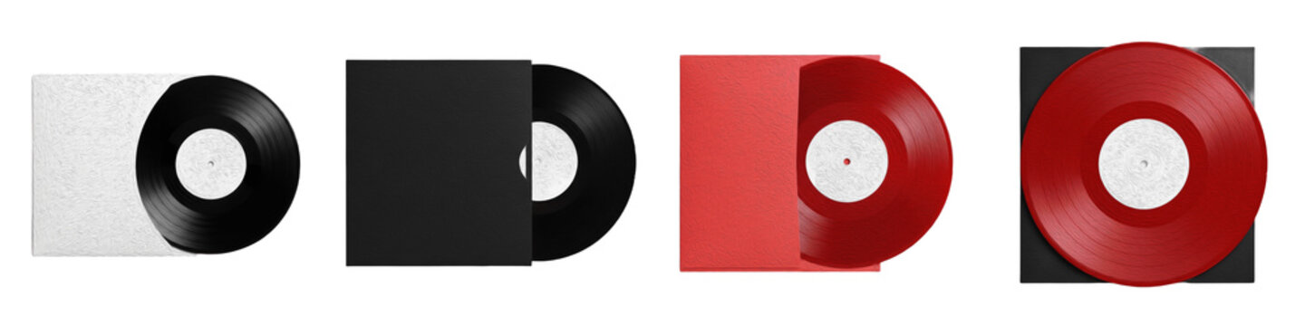 Vinyl Records and Covers Collection Mockup PNG Isolated on White Background