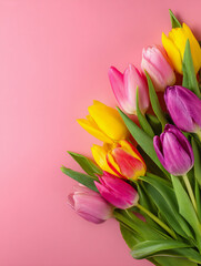 Fototapeta premium Spring Tulip Bouquet on Pink Background, Floral Greeting Card