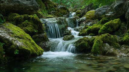 Mossy rocks and small waterfall