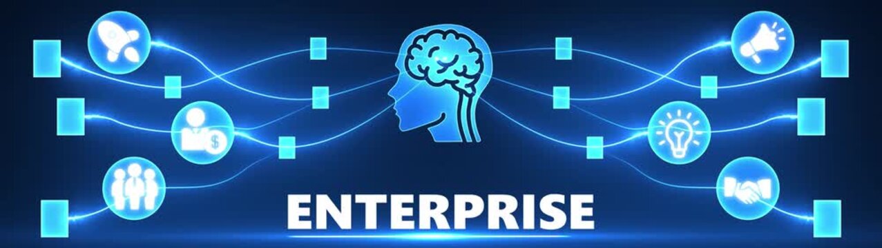 Futuristic Enterprise Network Connecting Business Icons with Human Brain Silhouette on Blue Background