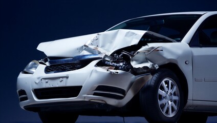 Wrecked white car front collision damage