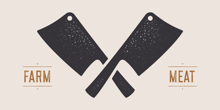 Butcher Knife. Butchery symbol, icon logo, sign signage. Silhouette two butcher knives. Cleaver Knife. Template sign knife, shop market, butchery design, tag label, banner sticker. Vector Illustration