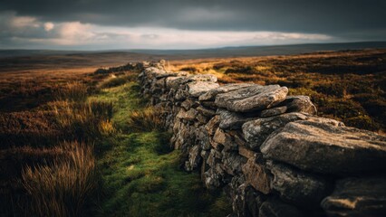 Fototapeta premium Stone Wall Amidst Moorland Landscape
