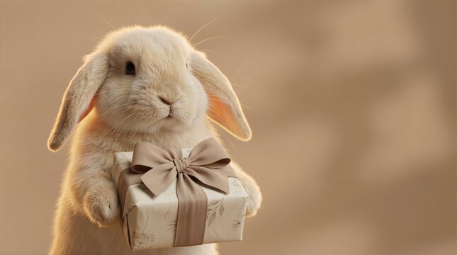 Adorable fluffy rabbit holding a beautifully wrapped gift box with a ribbon, set against a soft, dreamy background, embodying the essence of Easter Surrealism and whimsical celebration