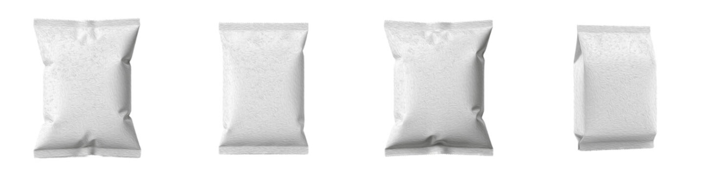 Isolated White Potato Chips Pouch PNG Set, Blank Plastic Food Snack Packaging Template Mockup, Realistic Shiny Foil Sachet Bag Bundle, Branding 3D Graphic Design