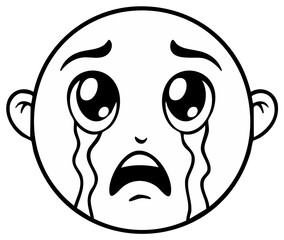 Cartoon Emoticon Showing Intense Sadness, Tears Streaming Down Face, and a Distraught Expression in black and white