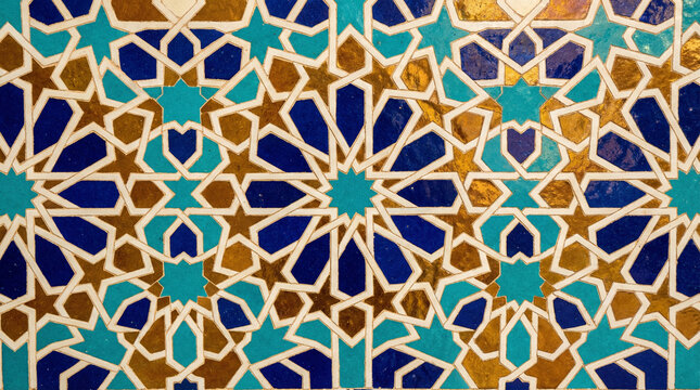 Moroccan Tile Pattern Blue Gold. Intricate Moroccan zellige tile pattern in cobalt blue and gold with geometric precision